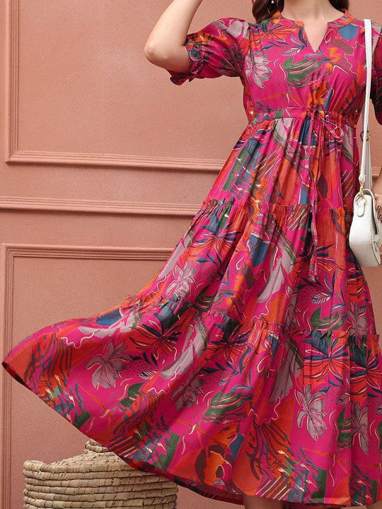 Magenta Floral Printed Viscose Rayon Midi Dress